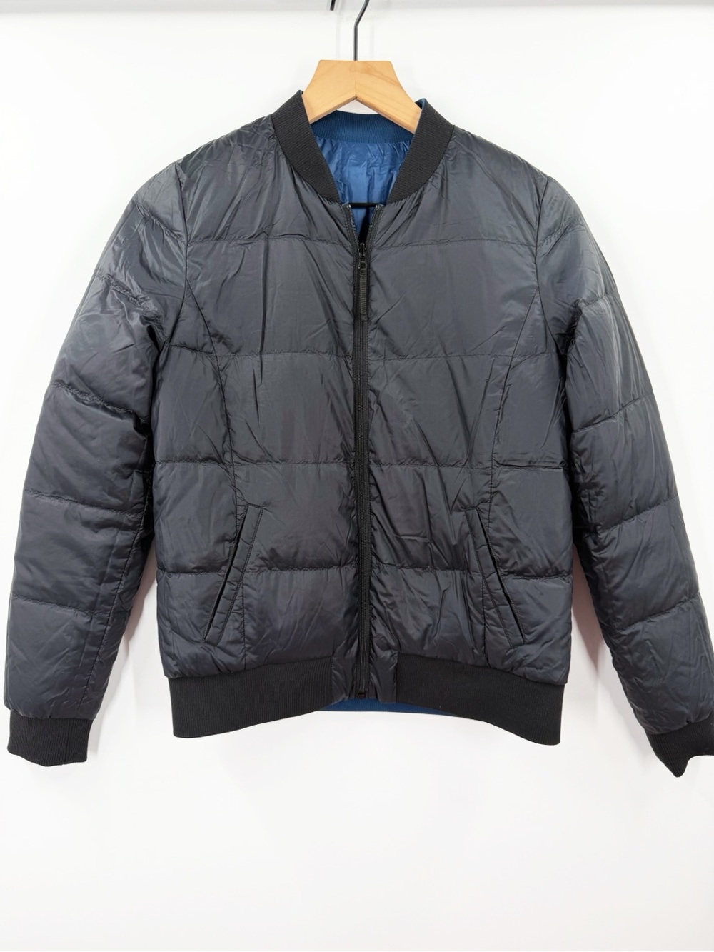 Comptoir Des Cotonniers Black Blue Reversible Down Bomber Puffer Jacket